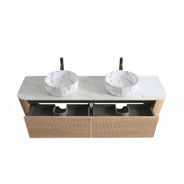 English Elm Erba 72 Inch Double Sink Bathroom Vanity Fluted Spa Design with Sintered Stone Top Honey Oak W1865S00316