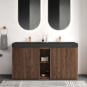 English Elm Galan 60 Inch Double Sink Bathroom Vanity Smoked Oak Slat Doors Walnut Finish Walnut Brown W1865S00317