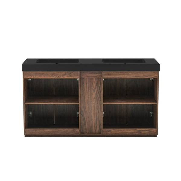 English Elm Galan 60 Inch Double Sink Bathroom Vanity Smoked Oak Slat Doors Walnut Finish Walnut Brown W1865S00317