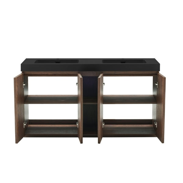 English Elm Galan 60 Inch Double Sink Bathroom Vanity Smoked Oak Slat Doors Walnut Finish Walnut Brown W1865S00317