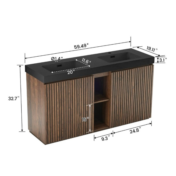 English Elm Galan 60 Inch Double Sink Bathroom Vanity Smoked Oak Slat Doors Walnut Finish Walnut Brown W1865S00317