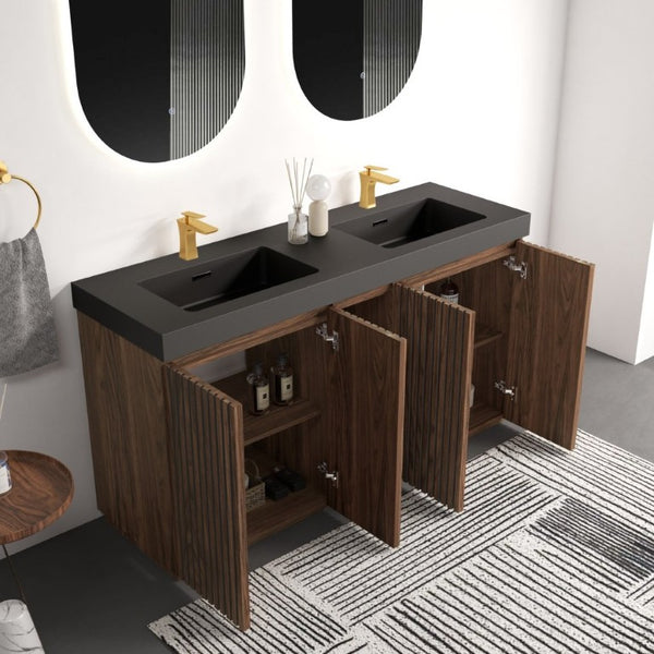 English Elm Galan 60 Inch Double Sink Bathroom Vanity Smoked Oak Slat Doors Walnut Finish Walnut Brown W1865S00317