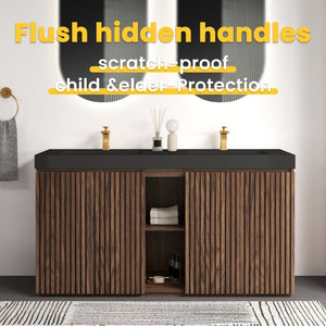 English Elm Galan 60 Inch Double Sink Bathroom Vanity Smoked Oak Slat Doors Walnut Finish Walnut Brown W1865S00317