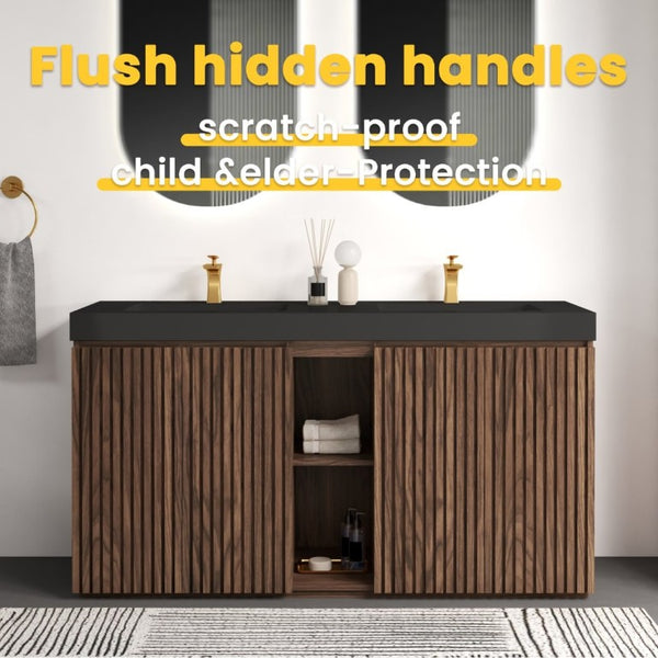 English Elm Galan 60 Inch Double Sink Bathroom Vanity Smoked Oak Slat Doors Walnut Finish Walnut Brown W1865S00317