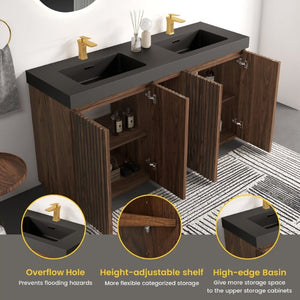 English Elm Galan 60 Inch Double Sink Bathroom Vanity Smoked Oak Slat Doors Walnut Finish Walnut Brown W1865S00317