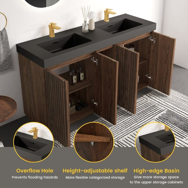 English Elm Galan 60 Inch Double Sink Bathroom Vanity Smoked Oak Slat Doors Walnut Finish Walnut Brown W1865S00317
