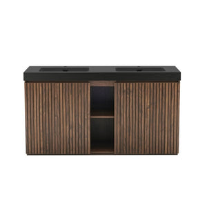English Elm Galan 60 Inch Double Sink Bathroom Vanity Smoked Oak Slat Doors Walnut Finish Walnut Brown W1865S00317