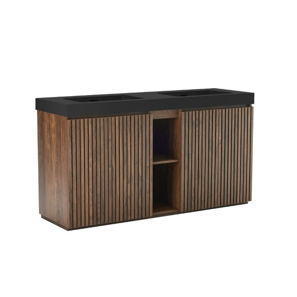 English Elm Galan 60 Inch Double Sink Bathroom Vanity Smoked Oak Slat Doors Walnut Finish Walnut Brown W1865S00317