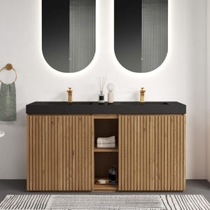 English Elm Galan 60 Inch Double Sink Bathroom Vanity Smoked Oak Slat Doors Walnut Finish Light Oak W1865S00318