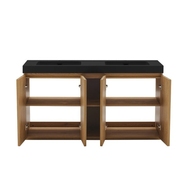 English Elm Galan 60 Inch Double Sink Bathroom Vanity Smoked Oak Slat Doors Walnut Finish Light Oak W1865S00318