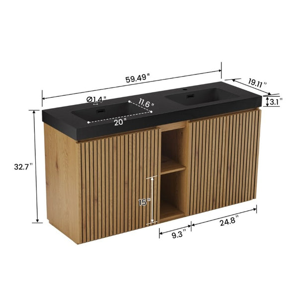 English Elm Galan 60 Inch Double Sink Bathroom Vanity Smoked Oak Slat Doors Walnut Finish Light Oak W1865S00318