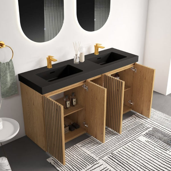 English Elm Galan 60 Inch Double Sink Bathroom Vanity Smoked Oak Slat Doors Walnut Finish Light Oak W1865S00318