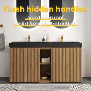 English Elm Galan 60 Inch Double Sink Bathroom Vanity Smoked Oak Slat Doors Walnut Finish Light Oak W1865S00318