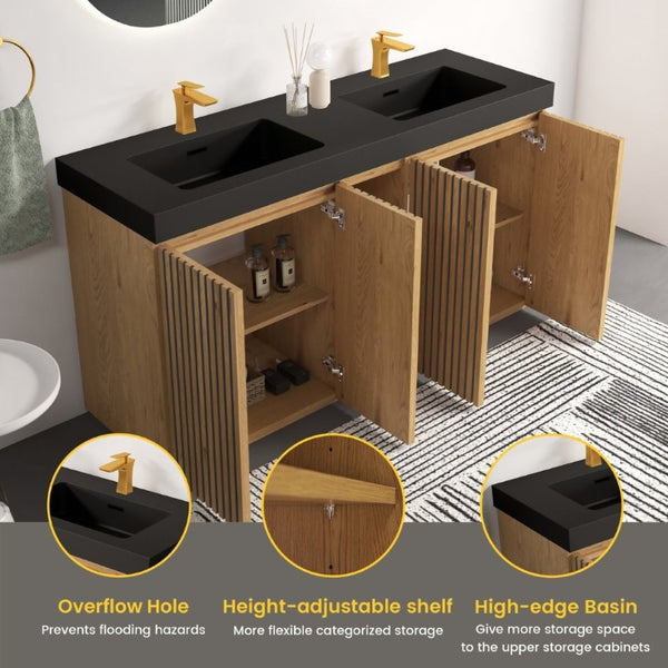 English Elm Galan 60 Inch Double Sink Bathroom Vanity Smoked Oak Slat Doors Walnut Finish Light Oak W1865S00318