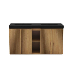 English Elm Galan 60 Inch Double Sink Bathroom Vanity Smoked Oak Slat Doors Walnut Finish Light Oak W1865S00318