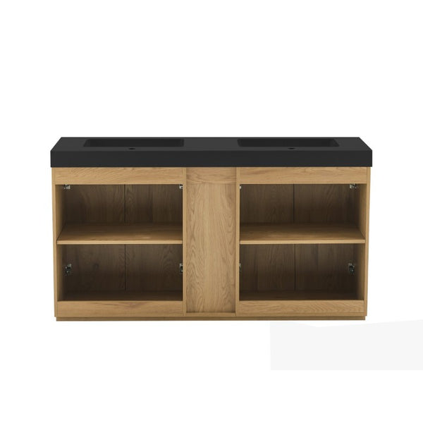 English Elm Galan 60 Inch Double Sink Bathroom Vanity Smoked Oak Slat Doors Walnut Finish Light Oak W1865S00318