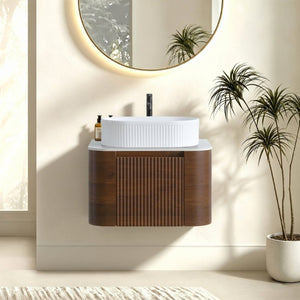 English Elm Erba 24 Inch Fluted Walnut Wall Mount Vanity with Oval Ceramic Basin Spa Inspired W1865S00320