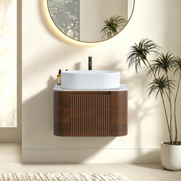 English Elm Erba 24 Inch Fluted Walnut Wall Mount Vanity with Oval Ceramic Basin Spa Inspired W1865S00320