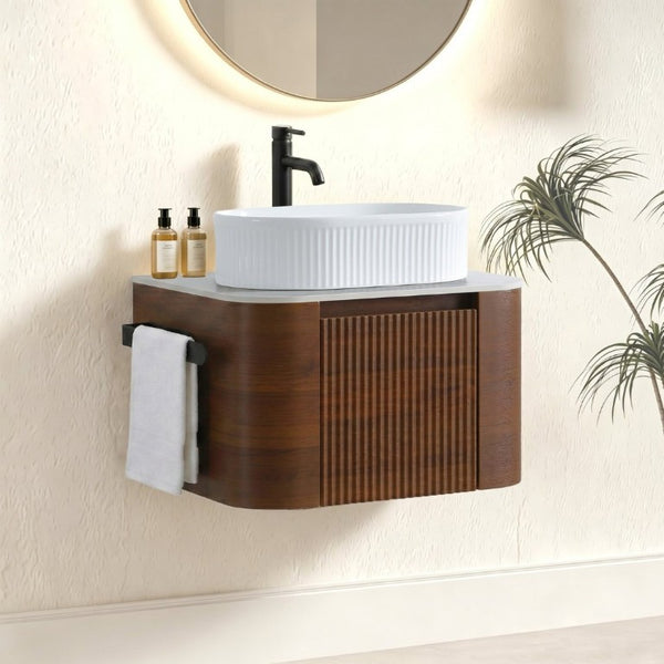 English Elm Erba 24 Inch Fluted Walnut Wall Mount Vanity with Oval Ceramic Basin Spa Inspired W1865S00320
