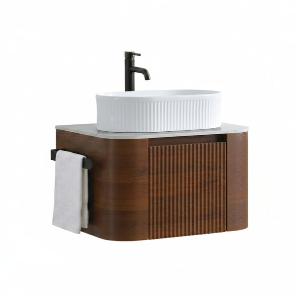 English Elm Erba 24 Inch Fluted Walnut Wall Mount Vanity with Oval Ceramic Basin Spa Inspired W1865S00320