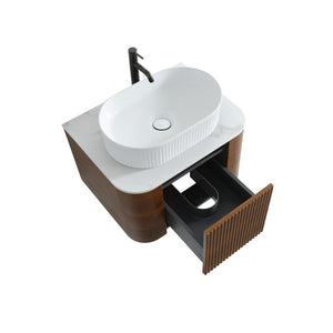 English Elm Erba 24 Inch Fluted Walnut Wall Mount Vanity with Oval Ceramic Basin Spa Inspired W1865S00320