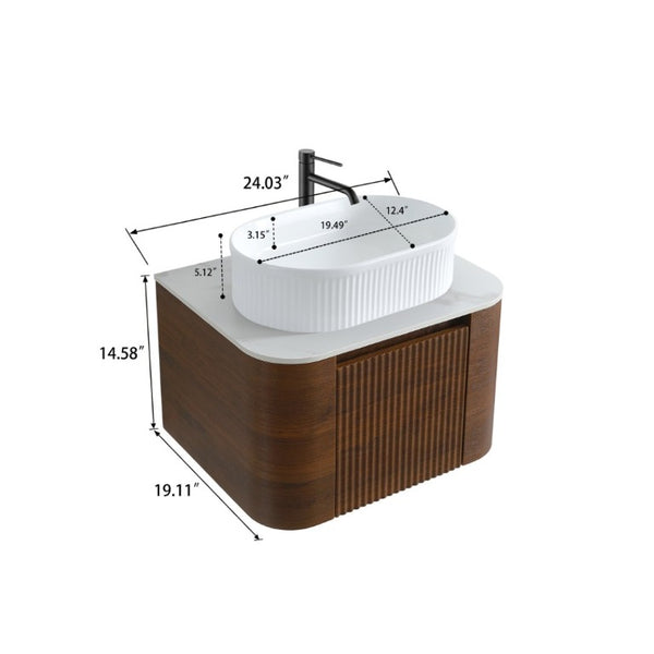 English Elm Erba 24 Inch Fluted Walnut Wall Mount Vanity with Oval Ceramic Basin Spa Inspired W1865S00320