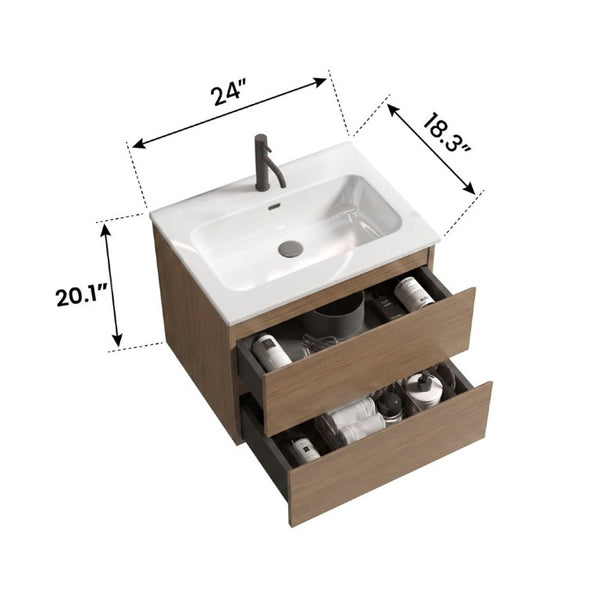 English Elm Tia Floating Bathroom Vanity with Ceramic Sink Walnut Soft Close Drawers Modern One Faucet Hole W1865S00321