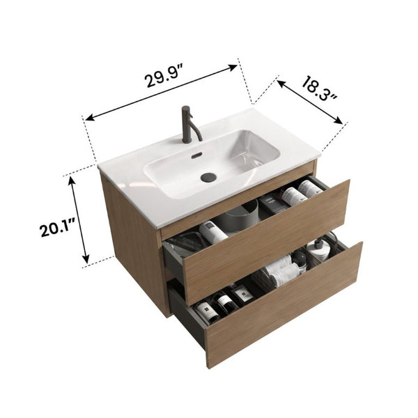 English Elm Tia Floating Walnut Bathroom Vanity with Ceramic Sink and Soft Close Double Drawers 1 Faucet Hole W1865S00322