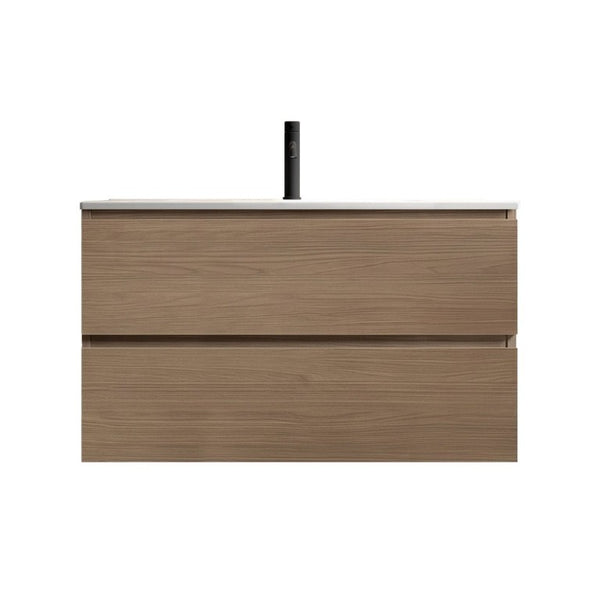 English Elm Tia 36 Inch Floating Bathroom Vanity Walnut Finish with Ceramic Sink Soft Close Drawers 1 Faucet Hole W1865S00323