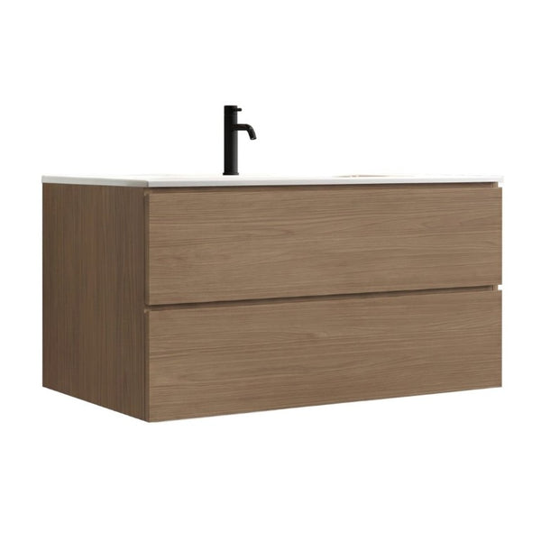 English Elm Tia 36 Inch Floating Bathroom Vanity Walnut Finish with Ceramic Sink Soft Close Drawers 1 Faucet Hole W1865S00323