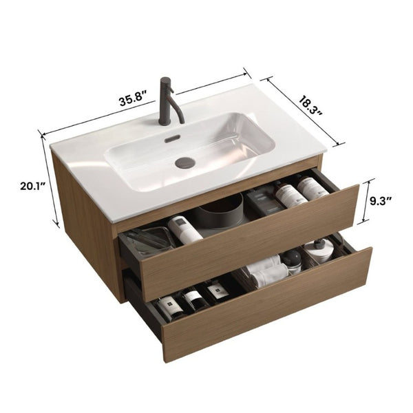 English Elm Tia 36 Inch Floating Bathroom Vanity Walnut Finish with Ceramic Sink Soft Close Drawers 1 Faucet Hole W1865S00323