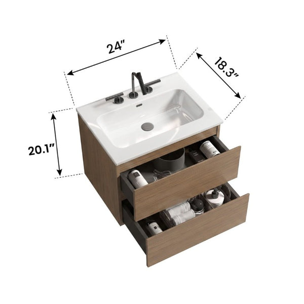 English Elm Tia Floating Bathroom Vanity with Ceramic Sink Walnut Soft Close Drawers Modern Three Faucet Holes W1865S00324