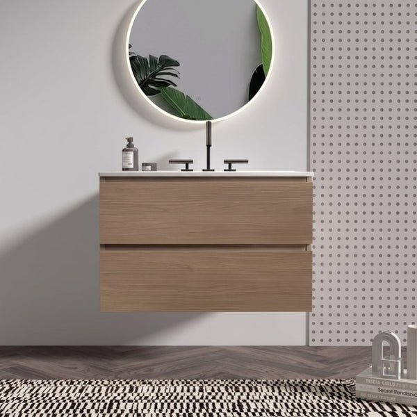 English Elm Tia Floating Walnut Bathroom Vanity with Ceramic Sink and Soft Close Double Drawers 3 Faucet Holes W1865S00325