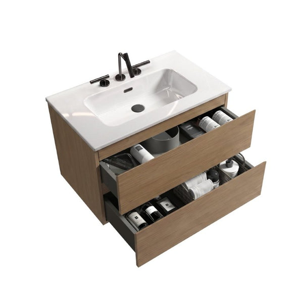 English Elm Tia Floating Walnut Bathroom Vanity with Ceramic Sink and Soft Close Double Drawers 3 Faucet Holes W1865S00325