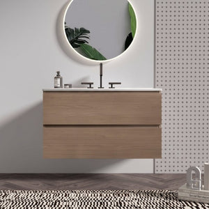 English Elm Tia 36 Inch Floating Bathroom Vanity Walnut Finish with Ceramic Sink Soft Close Drawers 3 Faucet Holes W1865S00326