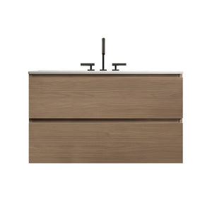 English Elm Tia 36 Inch Floating Bathroom Vanity Walnut Finish with Ceramic Sink Soft Close Drawers 3 Faucet Holes W1865S00326