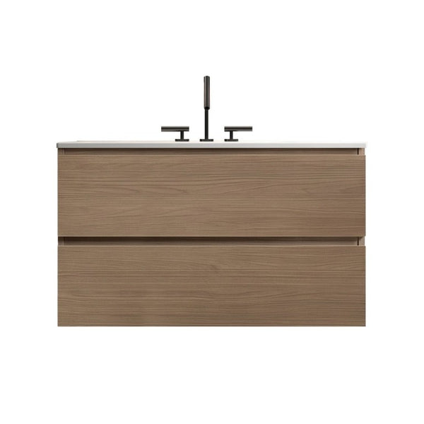 English Elm Tia 36 Inch Floating Bathroom Vanity Walnut Finish with Ceramic Sink Soft Close Drawers 3 Faucet Holes W1865S00326