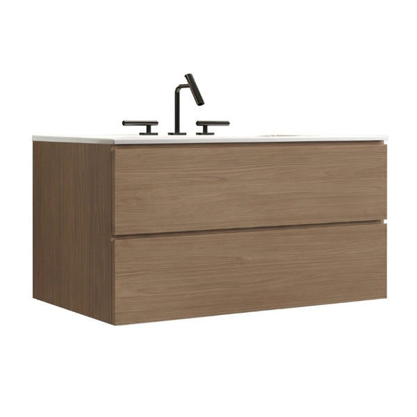 English Elm Tia 36 Inch Floating Bathroom Vanity Walnut Finish with Ceramic Sink Soft Close Drawers 3 Faucet Holes W1865S00326