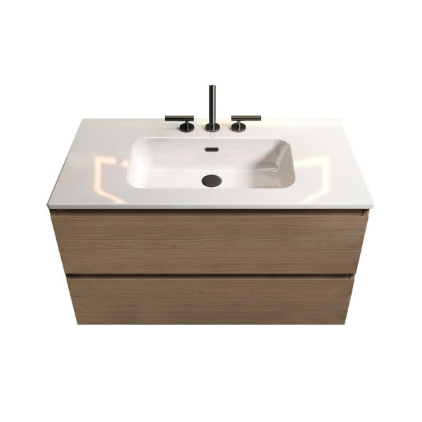 English Elm Tia 36 Inch Floating Bathroom Vanity Walnut Finish with Ceramic Sink Soft Close Drawers 3 Faucet Holes W1865S00326
