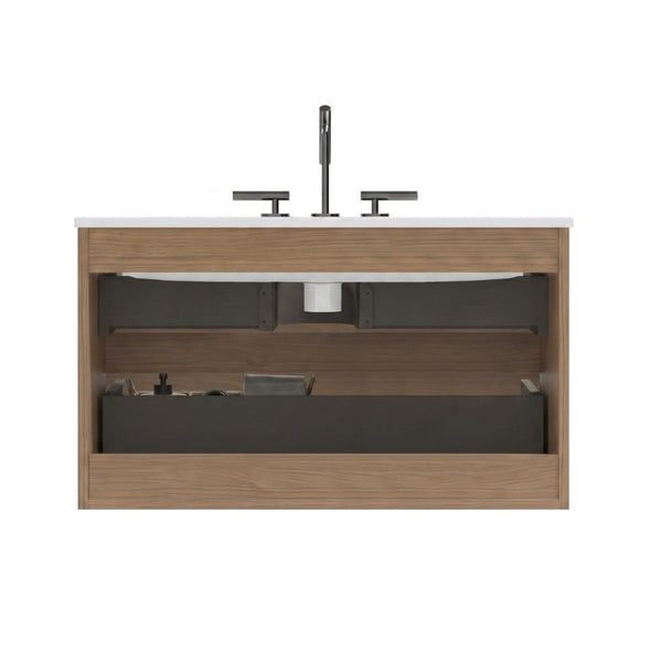 English Elm Tia 36 Inch Floating Bathroom Vanity Walnut Finish with Ceramic Sink Soft Close Drawers 3 Faucet Holes W1865S00326
