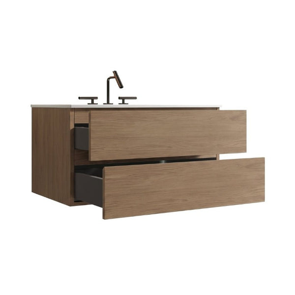 English Elm Tia 36 Inch Floating Bathroom Vanity Walnut Finish with Ceramic Sink Soft Close Drawers 3 Faucet Holes W1865S00326
