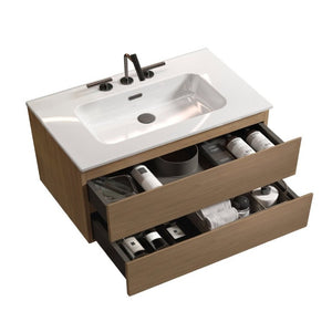 English Elm Tia 36 Inch Floating Bathroom Vanity Walnut Finish with Ceramic Sink Soft Close Drawers 3 Faucet Holes W1865S00326