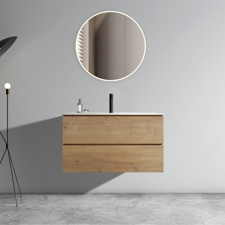 English Elm Tia Floating Bathroom Vanity with Ceramic Basin Soft Close Drawers Modern Minimalist Natural Wood W1865S00339