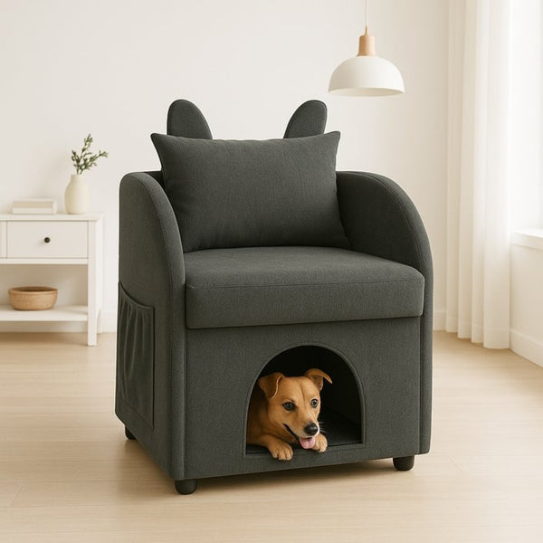 English Elm Dark Gray Bunny Ear Accent Chair with Pet Hideaway Cubby and Scratch Resistant Fabric W1867P341526