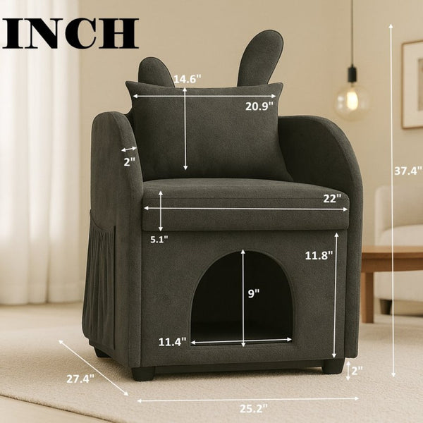 English Elm Dark Gray Bunny Ear Accent Chair with Pet Hideaway Cubby and Scratch Resistant Fabric W1867P341526