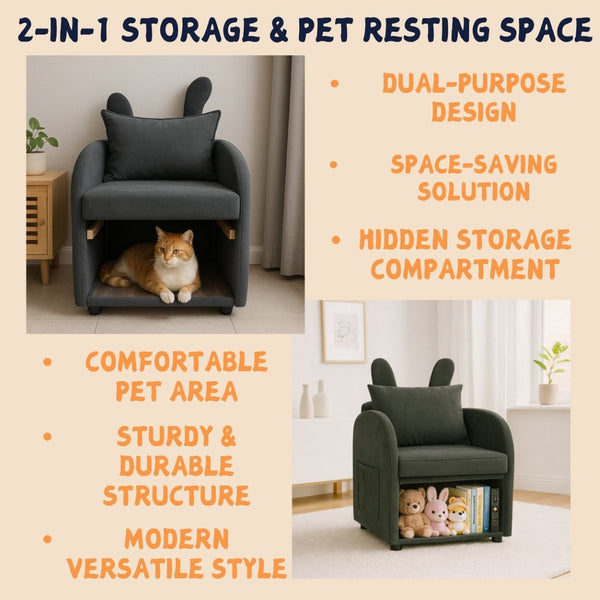 English Elm Dark Gray Bunny Ear Accent Chair with Pet Hideaway Cubby and Scratch Resistant Fabric W1867P341526