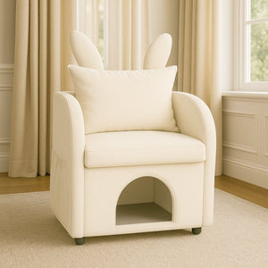 English Elm Beige Bunny Ear Accent Chair with Pet Hideaway Cubby Side Pocket Foam Cushion W1867P341527