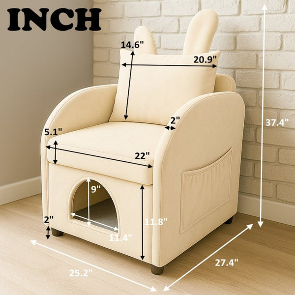English Elm Beige Bunny Ear Accent Chair with Pet Hideaway Cubby Side Pocket Foam Cushion W1867P341527