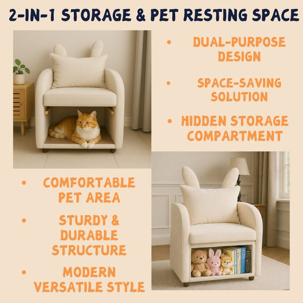 English Elm Beige Bunny Ear Accent Chair with Pet Hideaway Cubby Side Pocket Foam Cushion W1867P341527