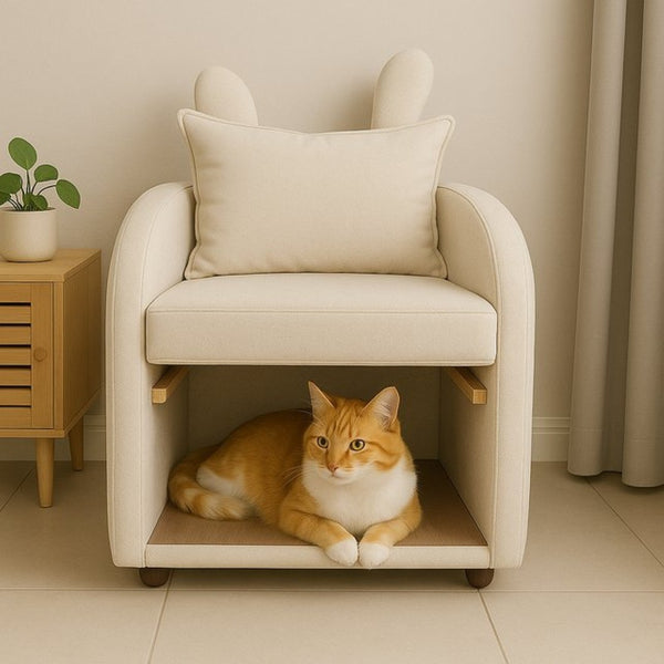 English Elm Beige Bunny Ear Accent Chair with Pet Hideaway Cubby Side Pocket Foam Cushion W1867P341527